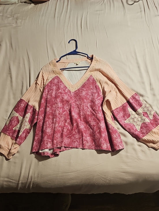 POL Tops - POL Pink Patchwork V-Neck Tunic with Cream Ribbed Sleeves